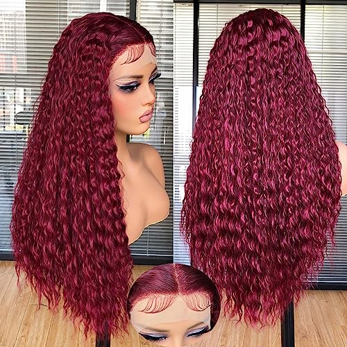 Annivia 26Inch Deep Wave Lace Front Wigs,Burgundy Long Curly Lace Front Wigs for Black Women,HD Glueless Lace Wigs Pre Plucked,Afro Kinky Curly Synthetic Lace Frontal Wig