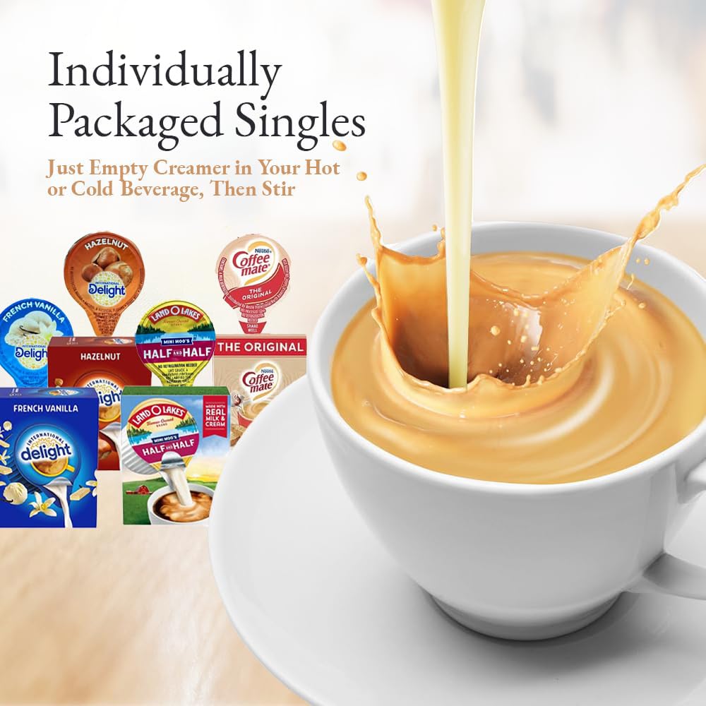 Coffee Creamer Singles Variety Pack Packaged by Bools, International Delight Creamer Singles Set, Delight Mini Coffee Creamer, Coffee Mate Original & Mini Moo's 4 Flavor Assortment (48 Pack) Coffee Creamer Singles for Home, Office, Coffee, Bar, Gift