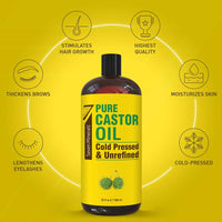 Pure Cold Pressed Castor Oil - Big 32 fl oz Bottle - Unrefined & Hexane Free - 100% Pure Castor Oil for Hair Growth, Thicker Eyelashes & Eyebrows, Dry Skin, Healing, Hair Care, Joint and Muscle Pain