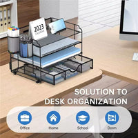DALTACK Mesh Desk Organizer, 4 Tier Paper Letter Tray Organizer, Desktop Organizer with Drawer and Pen Holders, Desk Organizers and Accessories for Office Supplies, Black