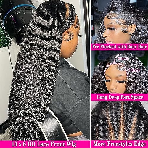 Hswpawk 13x6 Deep Wave Lace Front Wigs Human Hair HD Transparent Lace Front Wigs Human Hair Pre Plucked 180% Density Glueless Wigs Human Hair with Baby Hair Deep Curly Wigs for Women Natural Color 24