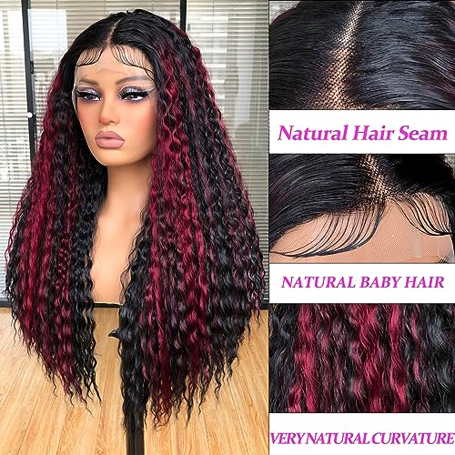 Annivia Rose Red Highlights Curly Lace Front Wig,HD Glueless Deep Wave Lace Front Wig for Black Women,Pre Plucked with Baby Hair,Afro Kinky Curly Synthetic Lace Frontal Wigs 26Inch