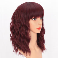 AISI HAIR Curly Bob Wig with Bangs Short Wavy Wine Red Color Wigs for Women Bob Style Synthetic Heat Resistant Bob Wigs