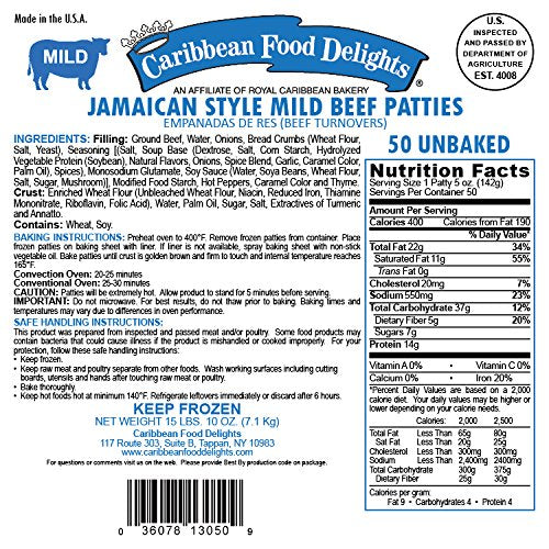 Jamaican Style Patties, Unbaked (Beef Mild, 1 Case of 50 Patties)