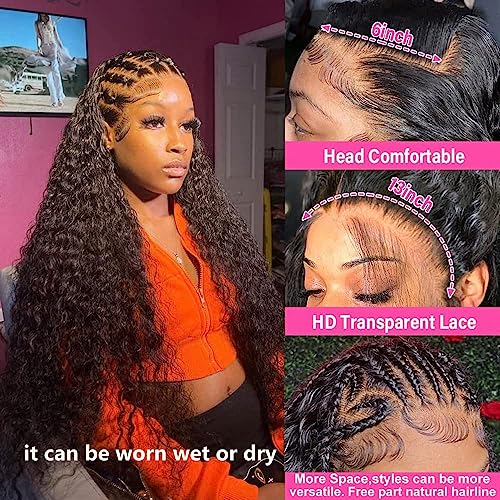 13x6 Deep Wave Lace Front Wigs Human Hair Deep Wave HD Lace Frontal Wigs Human Hair for Black Woman Glueless Curly Lace Front Wig Pre Plucked with Baby Hair 150% Density Natural Color (20 inch)