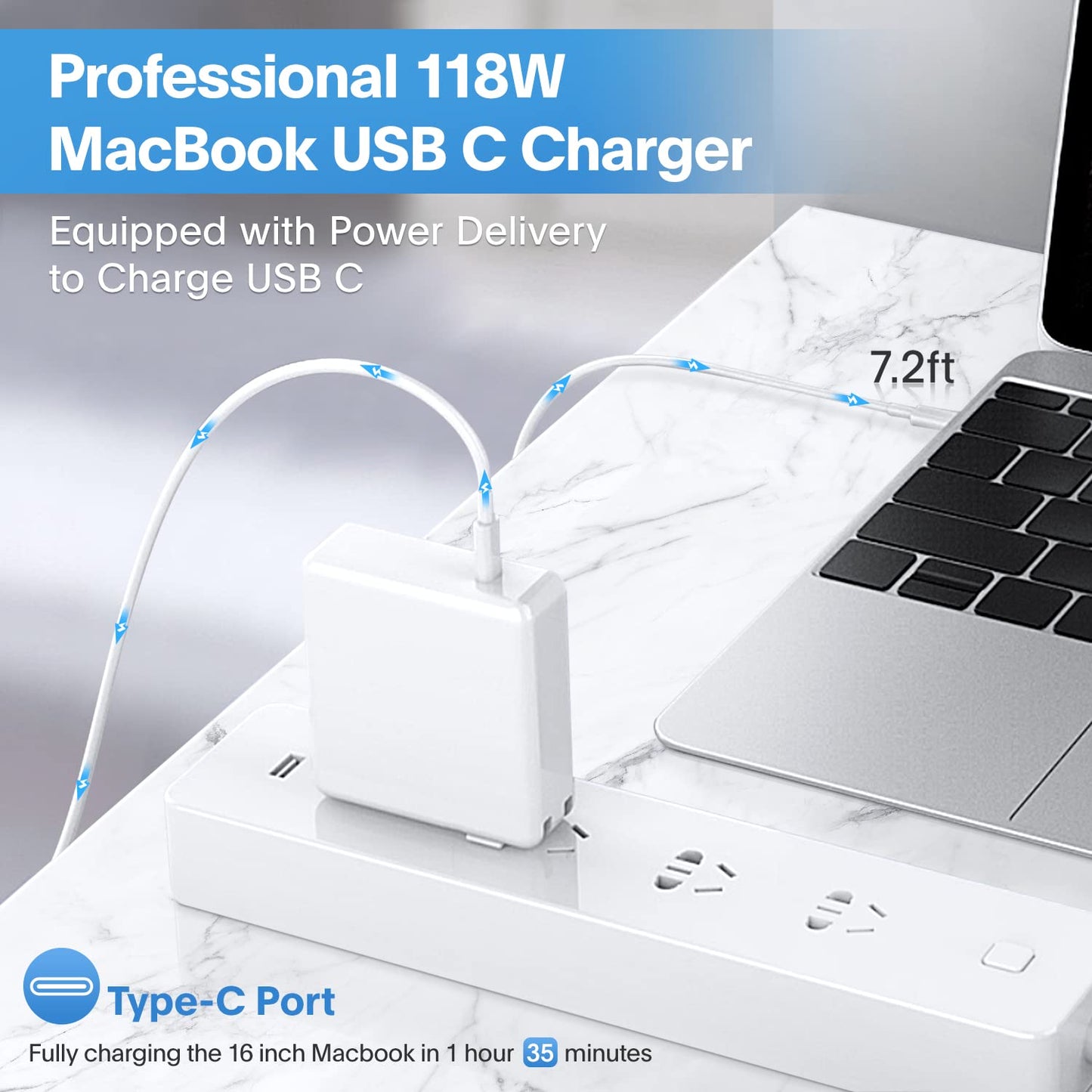 Mac Book Pro Charger - 118W USB C Charger Fast Charger for USB C Port MacBook pro/Air, ipad Pro, Samsung Galaxy and All USB C Device, Include Charge Cable（7.2ft/2.2m）