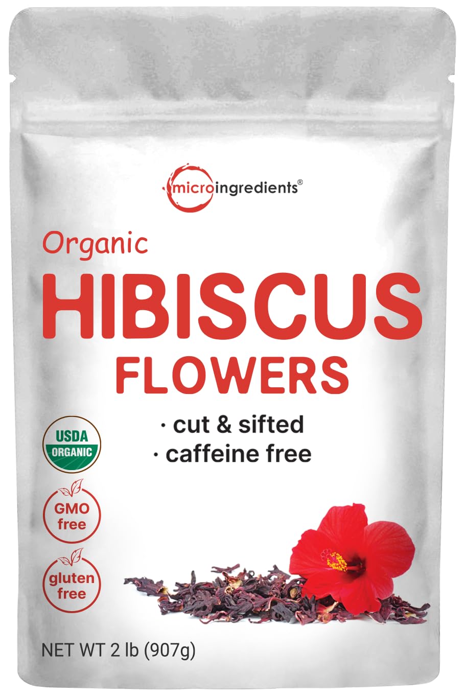 Organic Hibiscus Flowers, 2lbs | Flor de Jamaica, Loose Leaf Flower Source for Tea Bags | Cut & Sifted Dried Leaves | Great for Iced or Hot Brewed Herbal Tea | Caffeine Free, Non-GMO, No Sugar