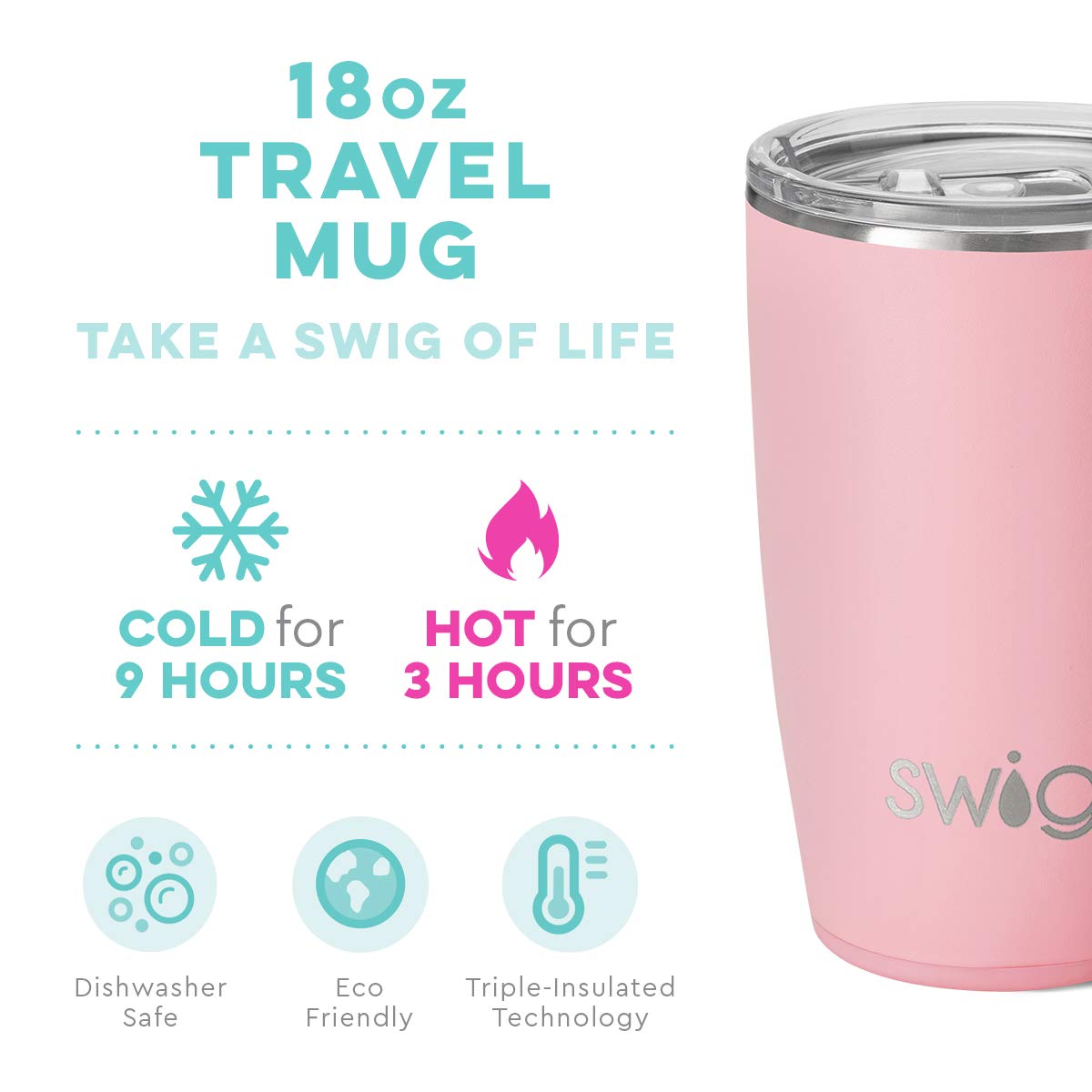 Swig 18oz Travel Mug, Insulated Tumbler with Handle and Lid, Cup Holder Friendly, Dishwasher Safe, Stainless Steel Insulated Coffee Mug with Lid and Handle (Blush)