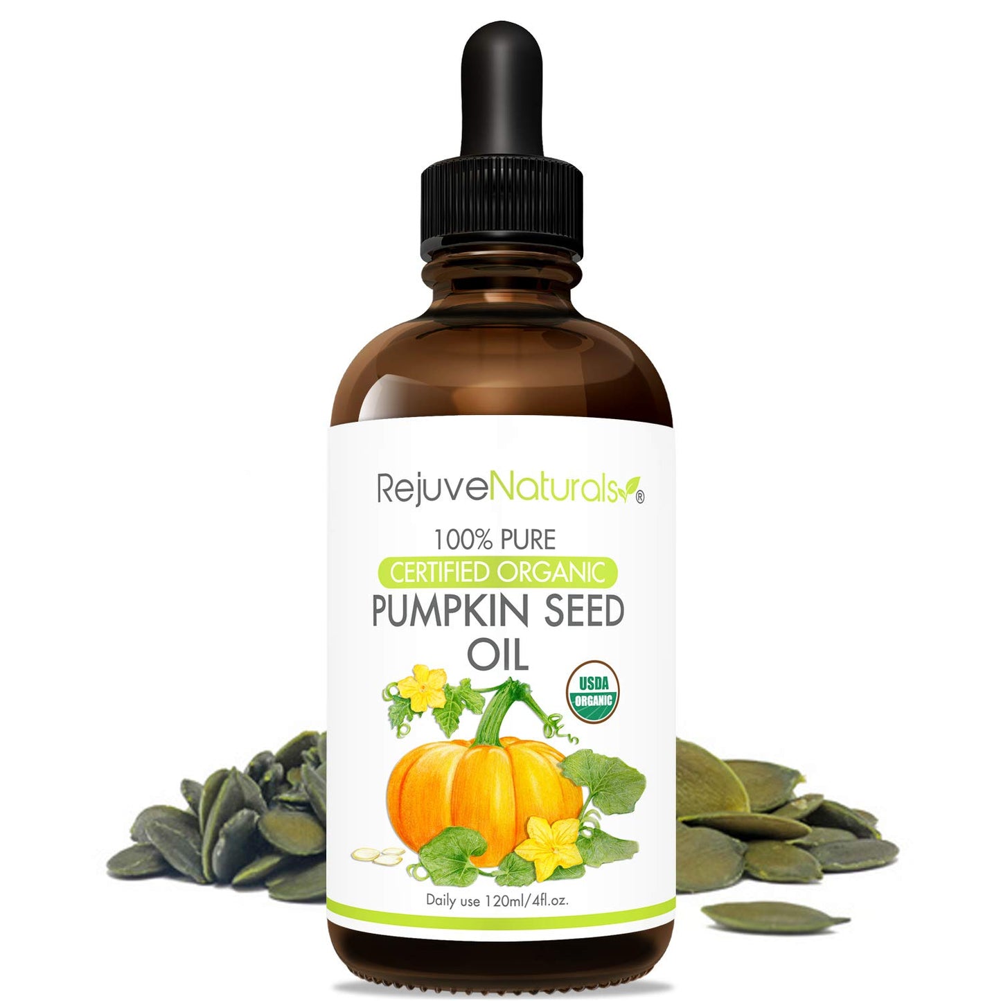 Organic Pumpkin Seed Oil (LARGE 4-OZ Bottle) USDA Certified Organic, 100% Pure, Cold Pressed. Boost Hair Growth for Eyelashes, Eyebrows & Hair. Overactive Bladder Control for Men & Women. Moisturizer