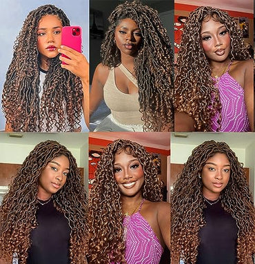 Annivia Goddess Faux Locs Wigs for Black Women 30inch Full Lace Goddess Bohemia Locs Braided Wigs with Baby Hair Hippie Locs Twist Synthetic Goddess Wig with Curly Ends（Ombre Brown）