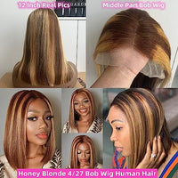 Superfect Highlight Lace Front Bob Wig Human Hair Ombre Honey Blonde 13x4 Hd Lace Front Wigs Human Hair Pre Plucked Middle Part 4/27 Colored Transparent Lace Frontal Wigs(12 Inch, 4/27 Highlight)