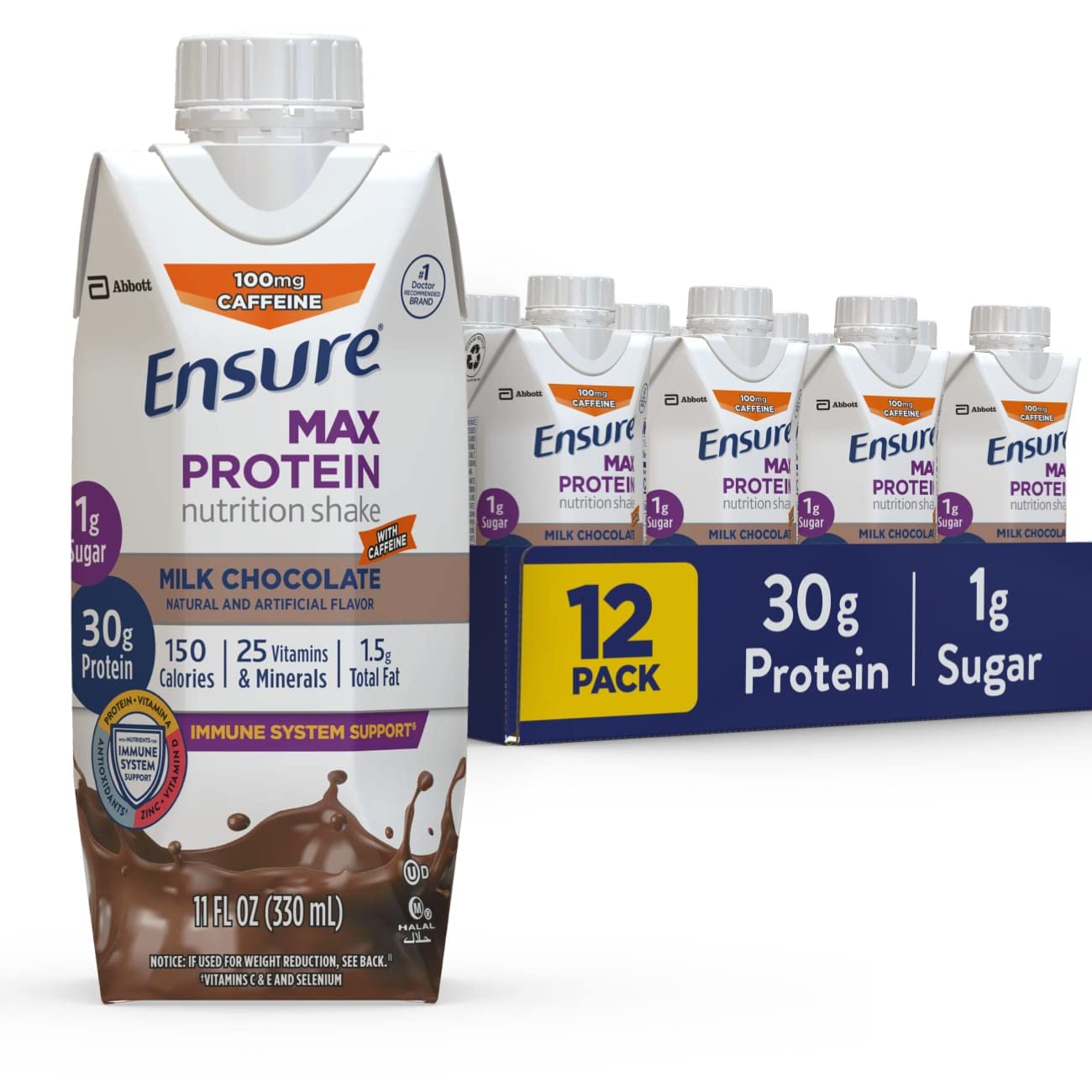 Ensure Max High Protein Nutrition Shake Milk with 30g of Protein 1g of Sugar , Chocolate w/ Caffeine, 11 Fl Oz (Pack of 12)