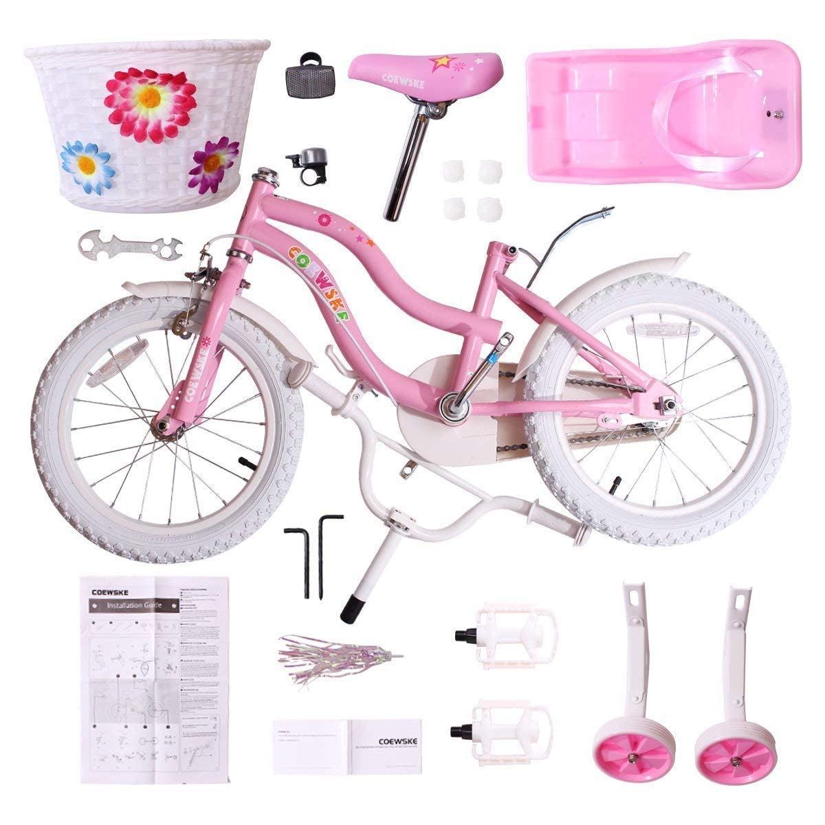 COEWSKE Kid's Bike Steel Frame Children Bicycle Little Princess Style 16 Inch with Training Wheel (16" Pink)