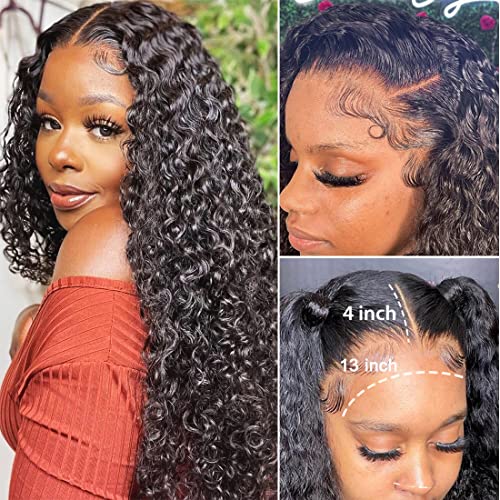 28 Inch Lace Front Wigs Human Hair Water Wave Wigs for Black Women Human Hair 13x4 Lace Front Wigs Pre Plucked with Baby Hair Lace Frontal Wigs Wet and Wavy Wigs Curly Lace Front Wig180% Density