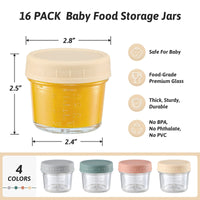 VITEVER 16 Pack Glass Baby Food Storage Containers, 4 oz Baby Food Jars with Plastic Lids, Small Baby Food Maker, Reusable Infant Freezer Container, Microwave, Dishwasher & Freezer Safe, BPA Free