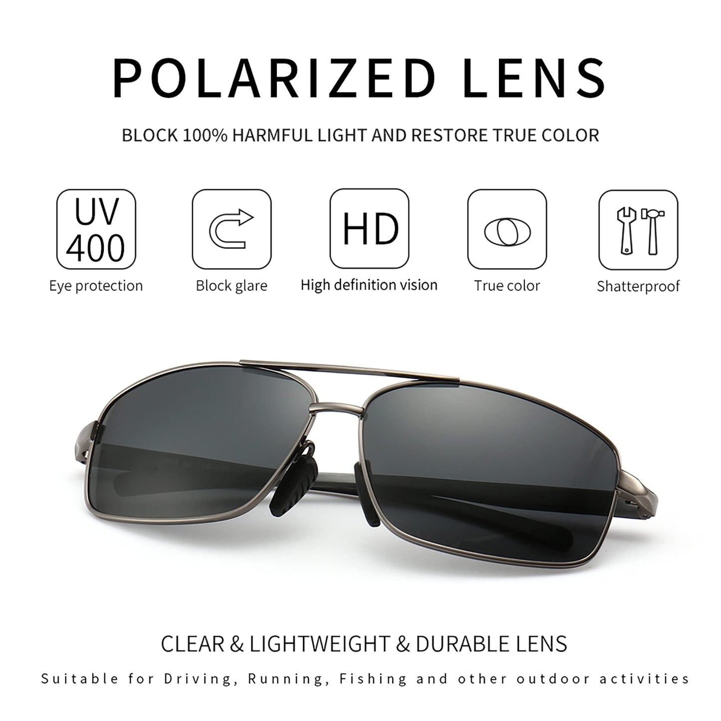 SUNGAIT Ultra Lightweight Rectangular Polarized Sunglasses UV400 Protection (Gunmetal Frame Gray Lens, 62) Metal Frame SGT458 QKH-CA