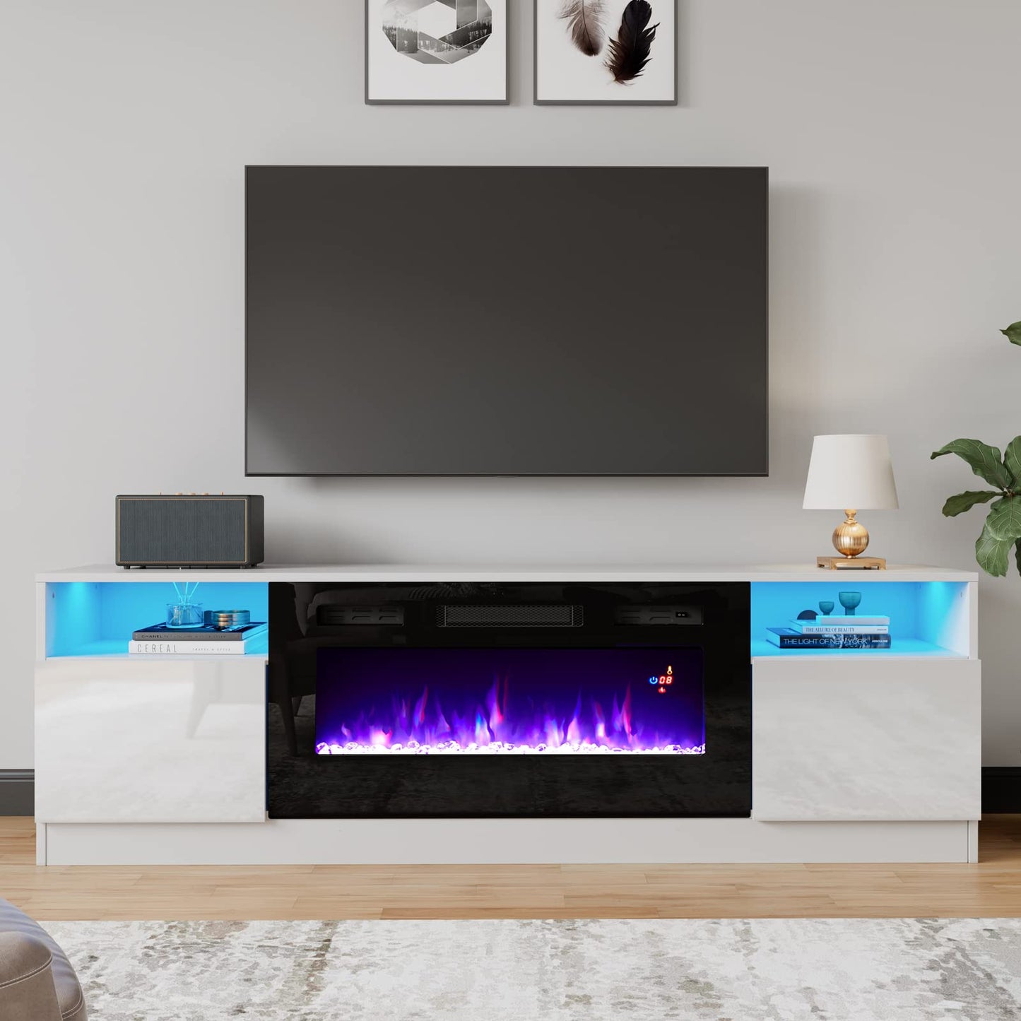 Amerlife TV Stand with Fireplace, LED Light Entertainment Center with 36" Electric Fireplace, 70" Modern Wood Entertainment Stand with Highlight Storage Cabinet for TVs up to 80", White & Black