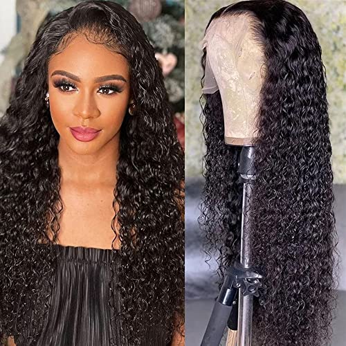 Dutefei Water Wave Human Hair Wigs for Black Women HD Lace Front Wigs Human Hair Wet and Wavy Wigs Pre Plucked with Baby Hair 180% Density Curly Wigs Brazilian Virgin Human Hair Natural Color 24inch