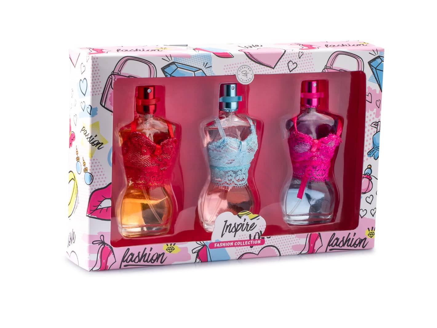 SCENTED THINGS Inspire Body Spray Girl Perfume Set | Little Girls to Teen Girl Gifts, Girl Birthday Gift, Body Mist Perfume Set in Mannequin Figure Shaped Bottles | Fashion Collection (3 Piece Set)