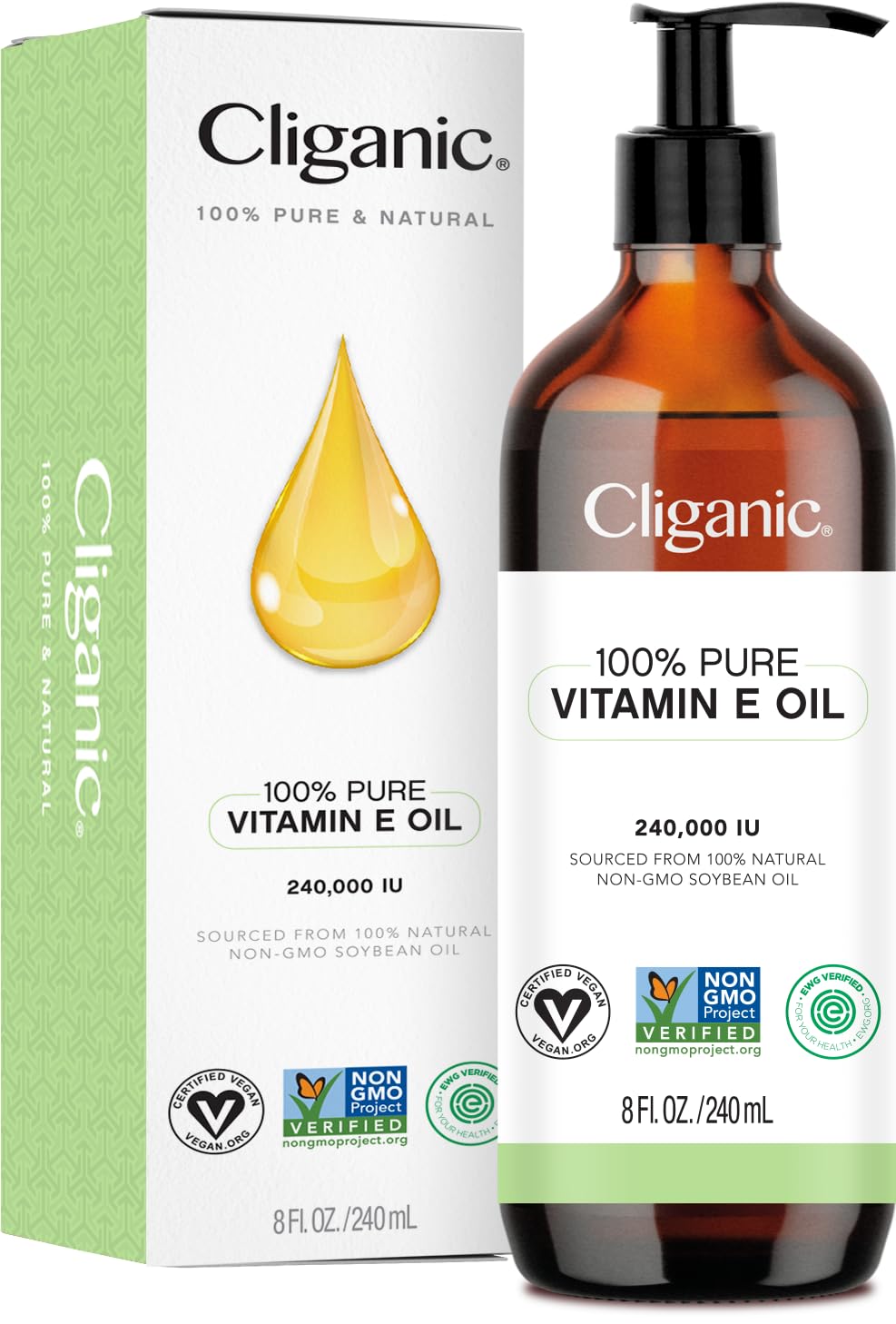 Cliganic 100% Pure Vitamin E Oil for Skin, Hair & Face 240,000 IU (8oz), Non-GMO Verified | Natural D-Alpha Tocopherol
