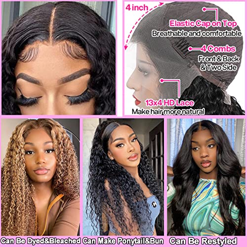 PUVEPK 13X4 HD Curly Lace Front Wigs Human Hair Pre Plucked with Baby Hair 180% Density Brazilian Deep Curly Wave Human Hair Wigs for Black Women 9A Glueless Lace frontal Wigs Natural Color (22 inch)