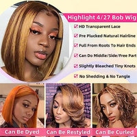 Superfect Highlight Lace Front Bob Wig Human Hair Ombre Honey Blonde 13x4 Hd Lace Front Wigs Human Hair Pre Plucked Middle Part 4/27 Colored Transparent Lace Frontal Wigs(12 Inch, 4/27 Highlight)