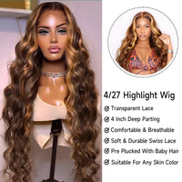 KeaBalo Highlight Ombre Lace Front Wigs Human Hair Pre Plucked with Baby Hair 13x4 Body Wave Frontal Wigs Human Hair 180% Density 4/27 Colored Honey Blonde Lace Front Wig for Women 22 Inch