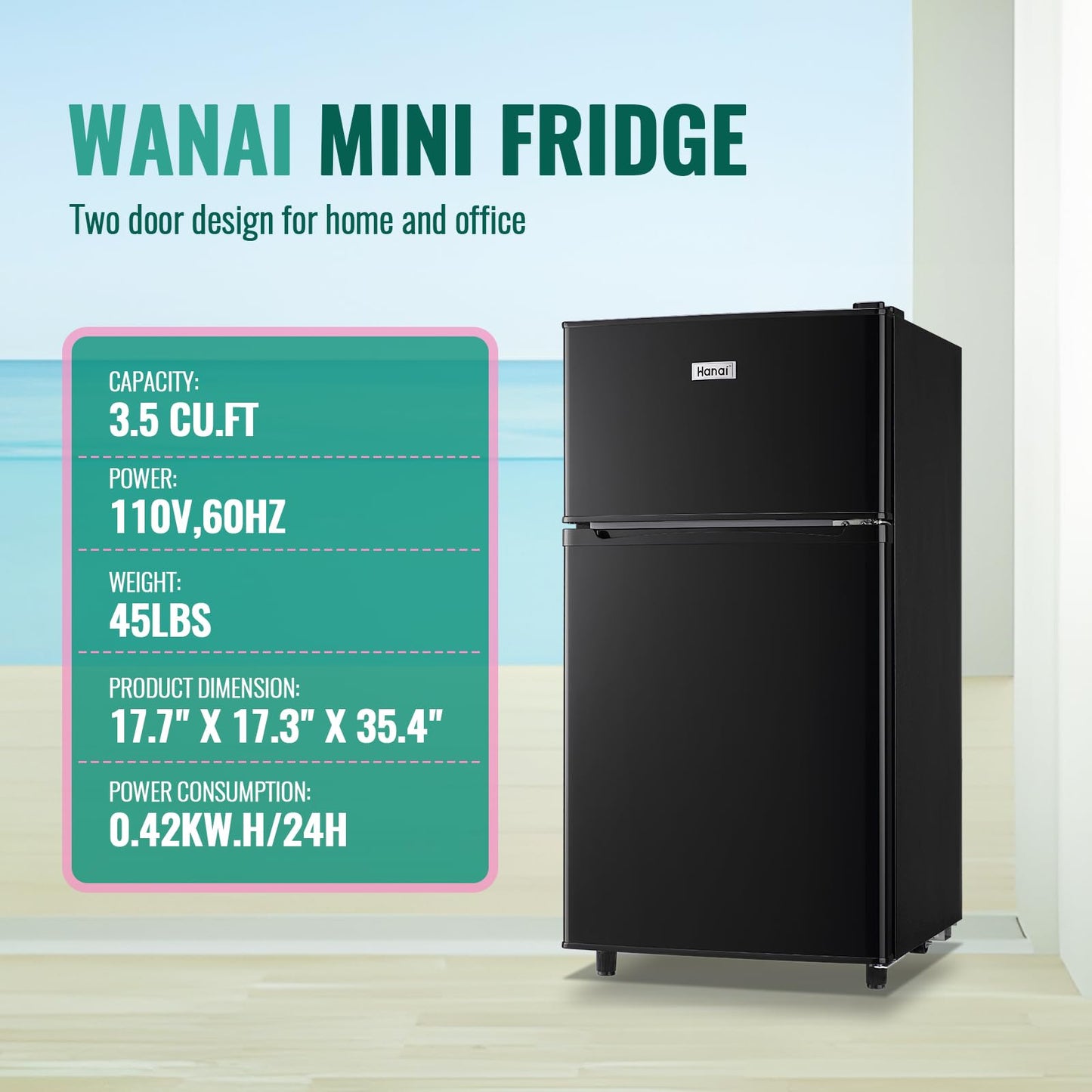 WANAI Compact Refrigerator 3.5 CU.FT Double Door Mini Fridge with Freezer Small Refrigerator with 7 Adjustable Temperature Side Door Wire Rack suit for Dorm Office Apartment Black