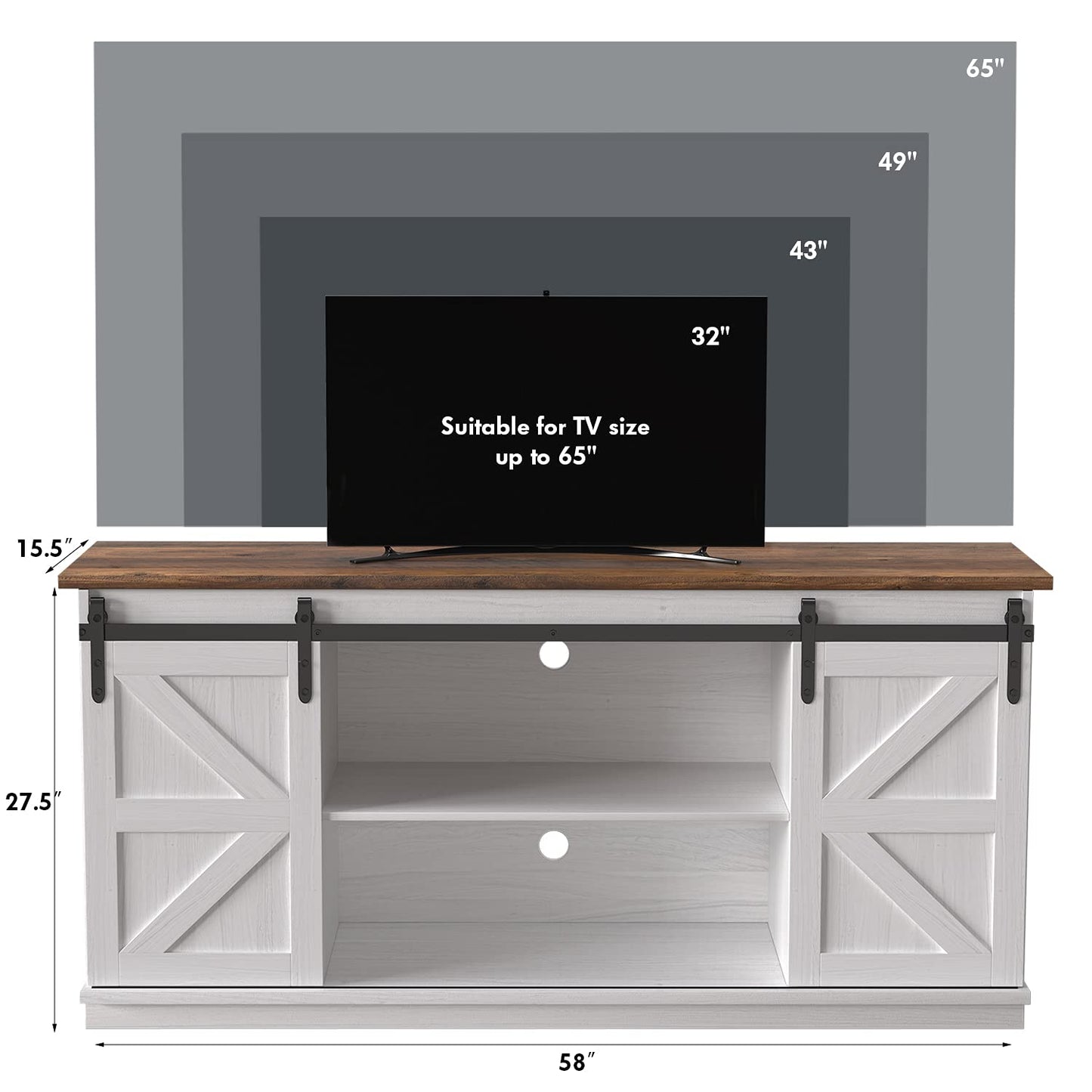 JUMMICO Farmhouse TV Stand up to 65 Inches, Mid Century Modern Entertainment Center with Sliding Barn Doors and Storage Cabinets, Metal Media TV Console Table for Living Room (Bright White)