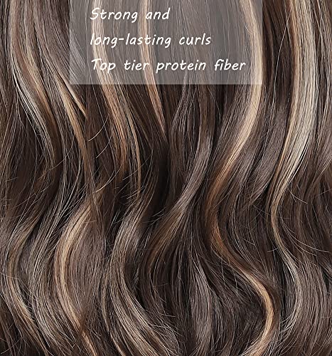 Long Brown Blonde Wig with Bangs for women Long Wavy Brown Highlights Curly Wigs Natural Looking Premium Protein Fiber Hair Replacement Wigs Cosplay Costume Halloween Wigs(26'' Brown Mixed Blonde)