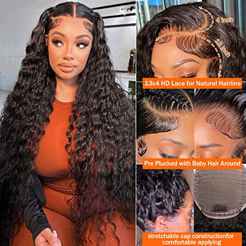 AISI 13x4 Deep Wave Lace Front Wigs Human Hair 180 Density Pre Plucked Lace Frontal Wigs Human Hair Deep Wave Lace Frontal Wigs for Black Women Glueless Brazilian Human Hair Front Lace Wigs (20inch)