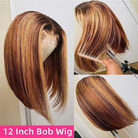 Superfect Highlight Lace Front Bob Wig Human Hair Ombre Honey Blonde 13x4 Hd Lace Front Wigs Human Hair Pre Plucked Middle Part 4/27 Colored Transparent Lace Frontal Wigs(12 Inch, 4/27 Highlight)