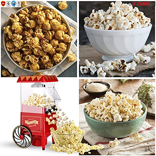 5 Core Popcorn Machine Popcorn Maker with Wheels, 1400 Watts, 120 V, Hot Air Popcorn Popper 12 Cup Retro Vintage Fashioned Style, For Movie Parties and Home Red POP 820