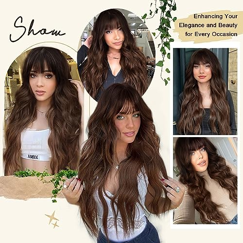 Lativ Brown Wig with Bangs Long Wavy Wig with Dark Roots for Women Curly Wavy Wig Synthetic Fiber Natural Looking Hair Replacement Wig for Daily Party Use 26 Inches