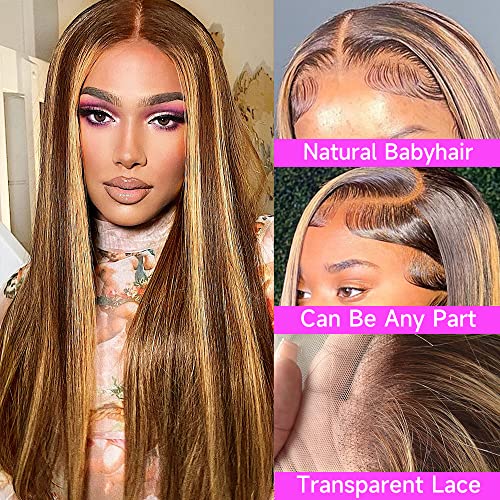 Highlight Ombre Lace Front Wig Human Hair 13x4 HD Transparent 4/27 Honey Blonde Lace Frontal Wigs Pre Plucked with Baby Hair 180% Density Straight Lace Front wigs Human Hair Colored 22 Inch