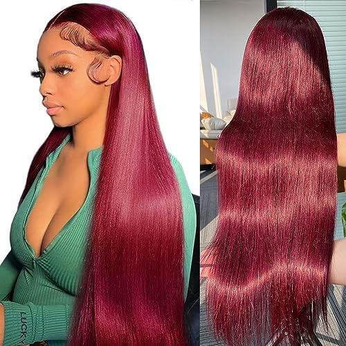 Samrabeauty 99j Burgundy Straight Lace Front Wigs Human Hair 99J 13X4 HD Transparent Lace Frontal Wigs 180% Density Glueless Pre Plucked with Baby Hair Wigs for Women