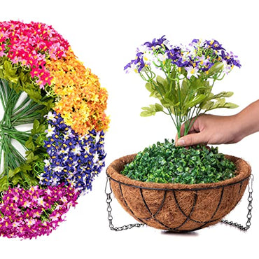 INXUGAO Artificial Flowers with Hanging Basket for Home Courtyard Decoration,6 Branches Silk Daisy FlowersFake Plant Arrangement in12 inch Coconut Lining Basket for Outdoors Indoors Decor(Purple)