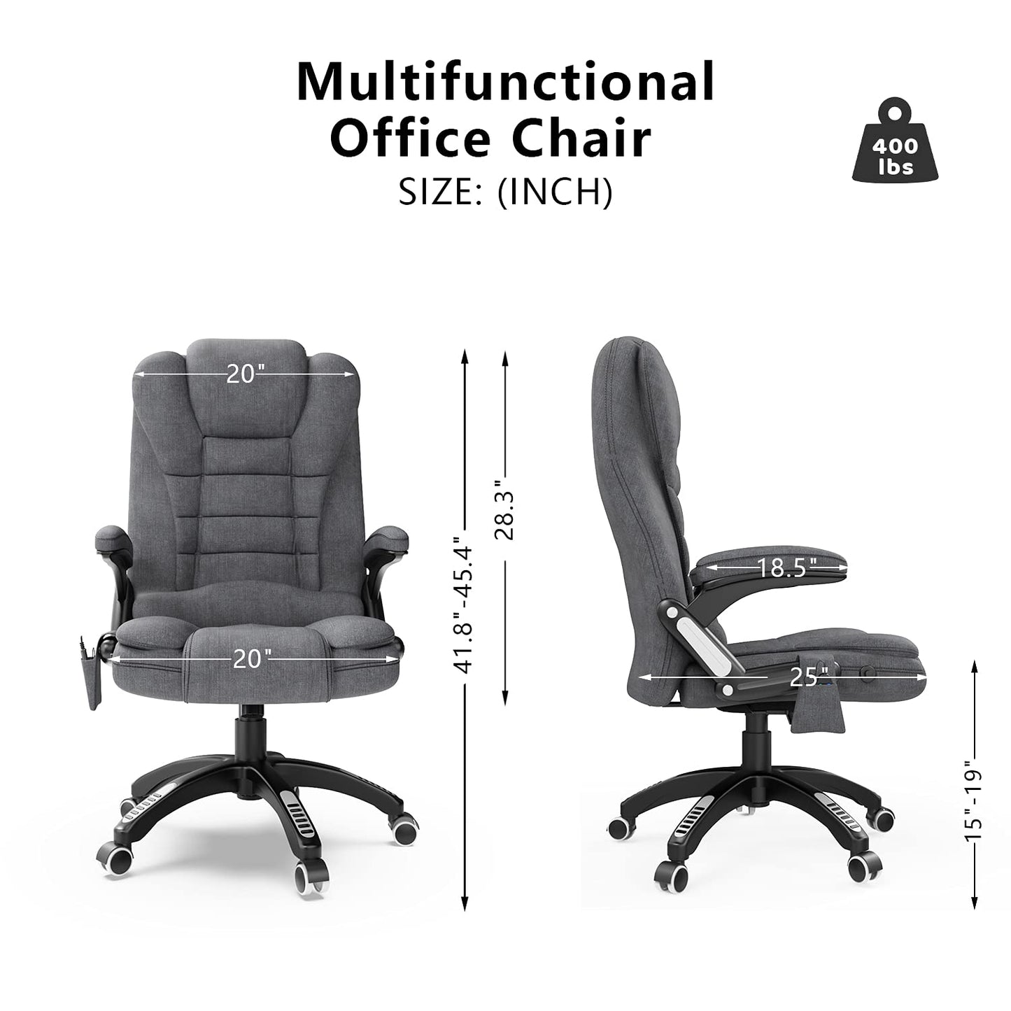 Ergonomic Massage Office Chair with Heated, Linen Fabric High Back Executive 6 Pointed Vibrating Computer Gaming Chair with Lumbar Support, Adjustable Back Recline Swivel 360° Desk Chair, Grey