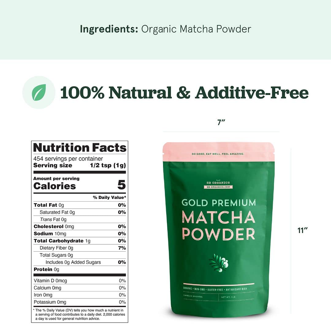 Sun Bay Organics Matcha Green Tea Gold Premium Powder - USDA Organic Non-GMO Classic Standard Culinary Ground Powder for Baking, Smoothies, Coffee, Tea - 16 oz