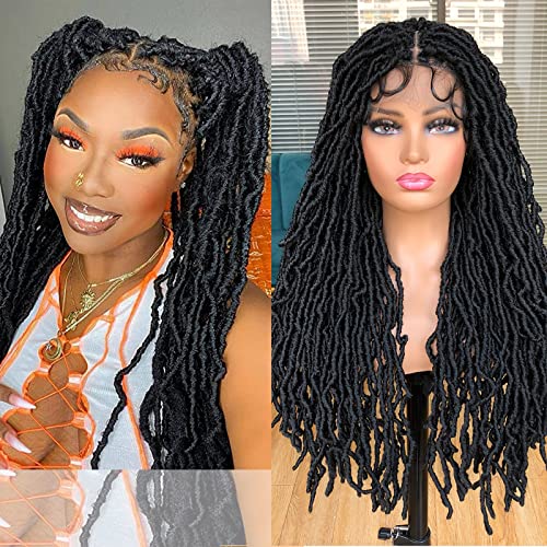 Annivia 32Inch Faux Locs Wigs for Black Women Full Double Lace Square Knotless Box Braided Wigs with Baby Hair Long Dreadlock Wig Natural Black Hand-braided Synthetic Twist Lace locs Wig