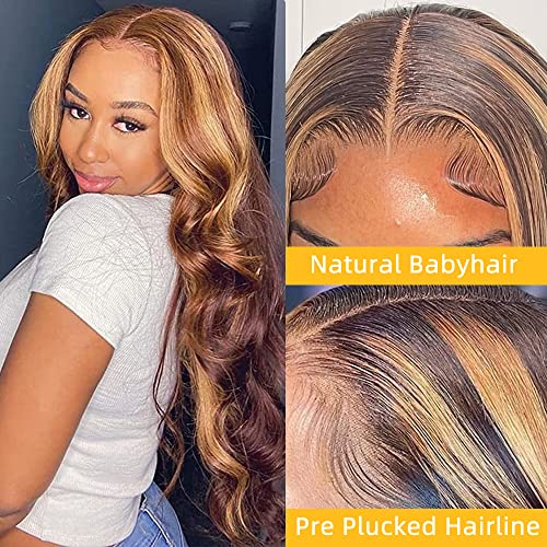 Honey Blonde Ombre Lace Front Wig Human Hair Pre Plucked 28 Inch 13x4 HD Transparent 4/27 Highlight lace frontal Wigs with Baby Hair 180% Density Colored Body Wave Lace Front wigs Human Hair