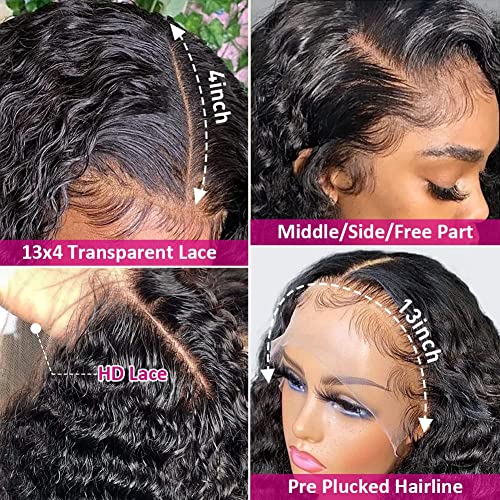 Pizazz 13x4 Human Hair Lace Front Wigs for Black Women Glueless 180 Density HD Transparent Deep Wave Frontal wig with Baby Hair Pre Plucked Bleached Knots(14 Inch, Black color)