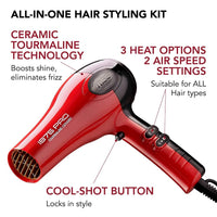 KISS 1875 Watt Pro Tourmaline Ceramic Hair Dryer, 3 Heat Settings, 2 Speed Slide Switch, Cool Shot Button, 2 Detangler Combs, 1 Concentrator, 1 Diffuser, Removable Filter Cap & 4 Sectioning Clips Red