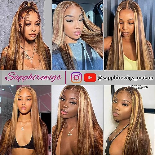 Sapphirewigs 13×6 Brown Synthetic Lace Front Wigs for Women Long Straight Highlight Natural Brown Soft Heat Resistant Fiber Hair Replacement Wig Kanekalon Futura Hair Natural Looking Daily Wigs 26Inch