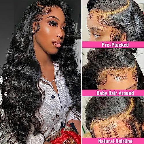 Body Wave Lace Front Wigs 13x4 HD Lace Frontal Human Hair Wig Lace Glueless Wigs Pre Plucked with Baby Hair 180 Density 24 Inch Brazilian Virgin Wigs for Women Natural Black