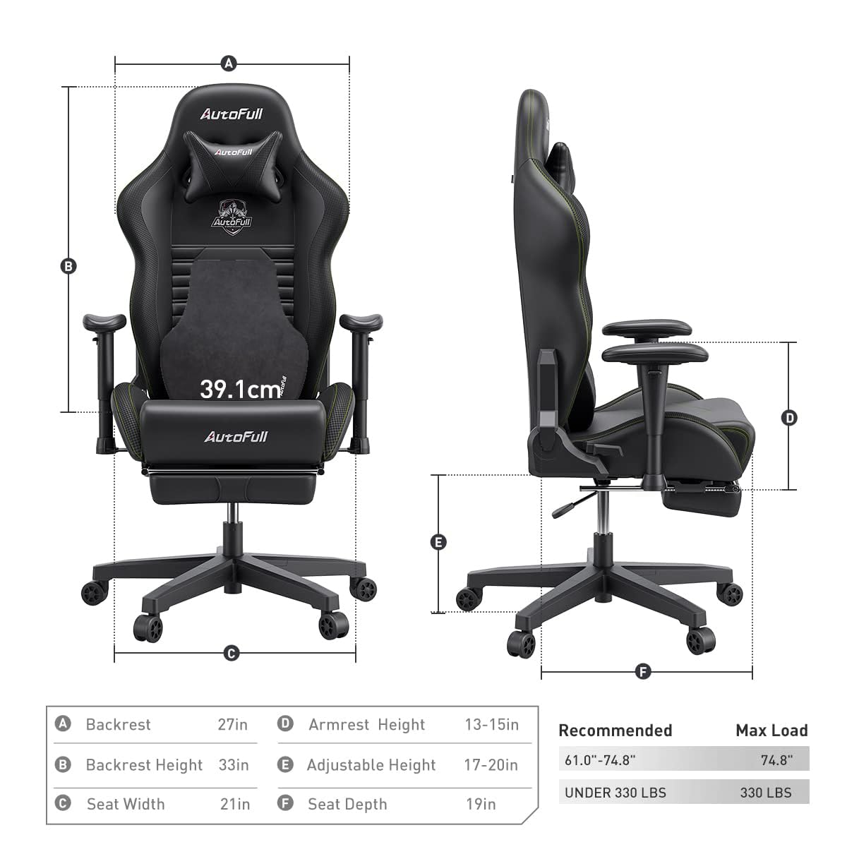 AutoFull C3 Gaming Chair Office Chair PC Chair with Ergonomics Lumbar Support, Racing Style PU Leather High Back Adjustable Swivel Task Chair with Footrest (Black)