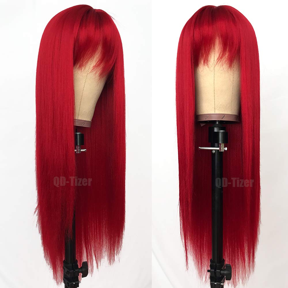 QD-Tizer Red Color Long Silky Straight Wigs with Bangs Synthetic No Lace Wig for Fashion Women Heat Resistant Natural Looking Hair Wig for Party Cosplay