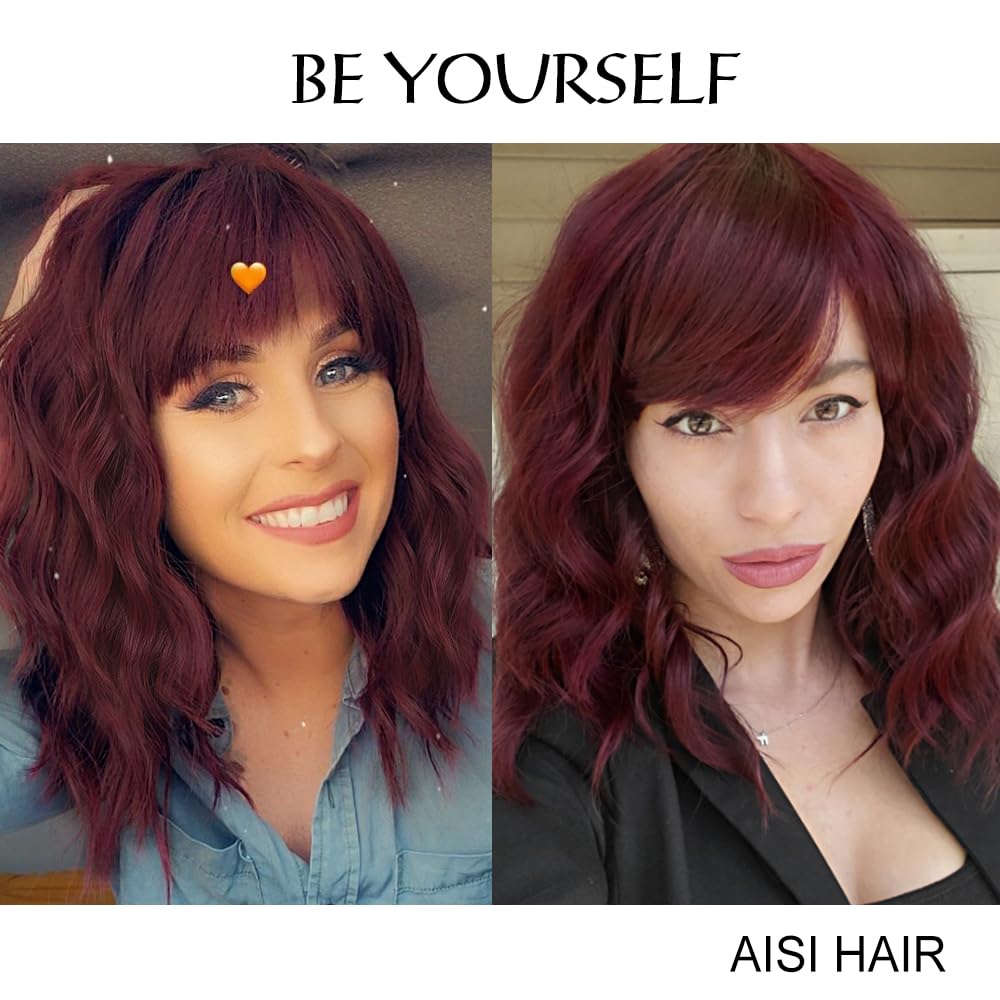 AISI HAIR Curly Bob Wig with Bangs Short Wavy Wine Red Color Wigs for Women Bob Style Synthetic Heat Resistant Bob Wigs