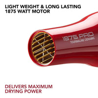 KISS 1875 Watt Pro Tourmaline Ceramic Hair Dryer, 3 Heat Settings, 2 Speed Slide Switch, Cool Shot Button, 2 Detangler Combs, 1 Concentrator, 1 Diffuser, Removable Filter Cap & 4 Sectioning Clips Red