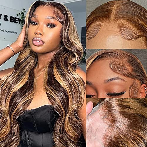 Honey Blonde Ombre Lace Front Wig Human Hair Pre Plucked 28 Inch 13x4 HD Transparent 4/27 Highlight lace frontal Wigs with Baby Hair 180% Density Colored Body Wave Lace Front wigs Human Hair